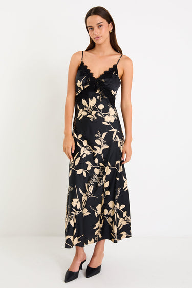 Region Black Beige Floral Satin Lace Trim Maxi Dress