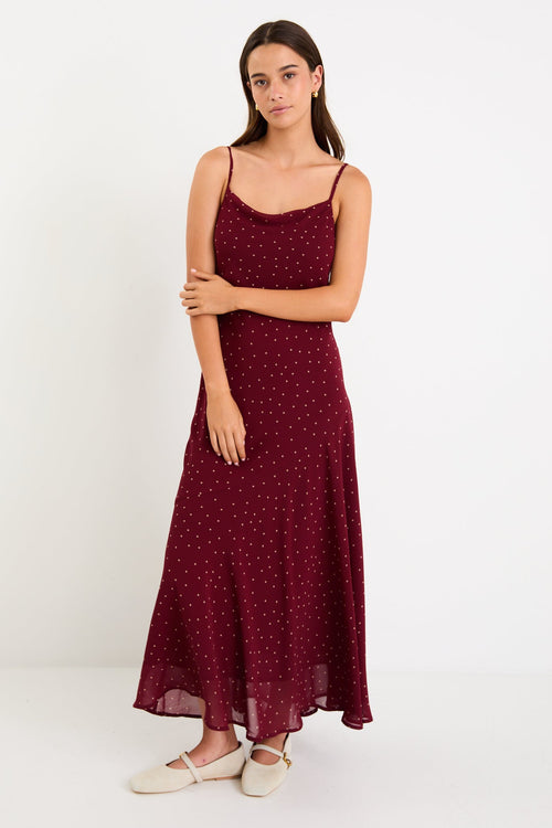 Shop Reign Burgundy Polka Dot Georgette Strappy Maxi Dress | Flo & Fra Shop Reign Burgundy Polka Dot Georgette Strappy Maxi Dress | Flo & Fra