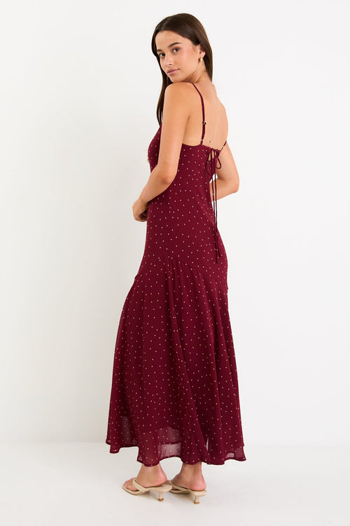 Shop Reign Burgundy Polka Dot Georgette Strappy Maxi Dress | Flo & Fra Shop Reign Burgundy Polka Dot Georgette Strappy Maxi Dress | Flo & Fra