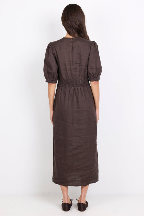 A woman viewed from the back wearing a dark brown midi dress with short puff sleeves and a gathered waist, standing against a plain white studio background.