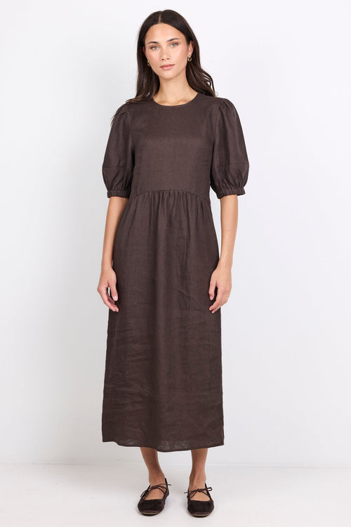 A woman modeling a dark brown midi dress with short puff sleeves, a round neckline, and a gathered waist, standing against a plain white studio background.