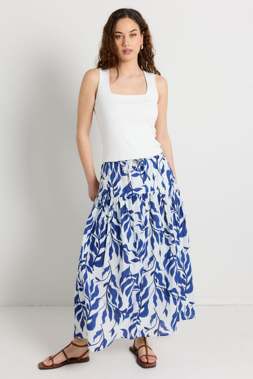 Floral Blue & White Cotton Maxi Skirt 