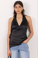 Replete Black Satin Halter Neck Wrap Front Top