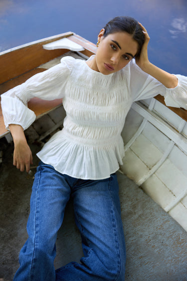 Required Ivory LS Shirred Bodice Top