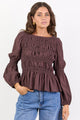 Required Chocolate LS Shirred Bodice Top