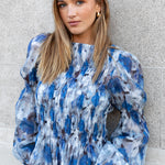 Required Sky Blue Floral LS Shirred Bodice Top