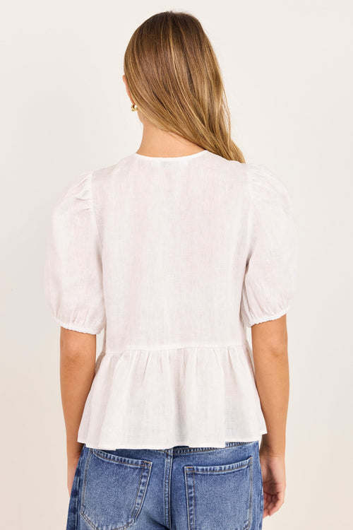 A woman viewed from the back wearing a white short-sleeve blouse with puff sleeves and a peplum hem, paired with blue jeans, against a plain off-white studio background.