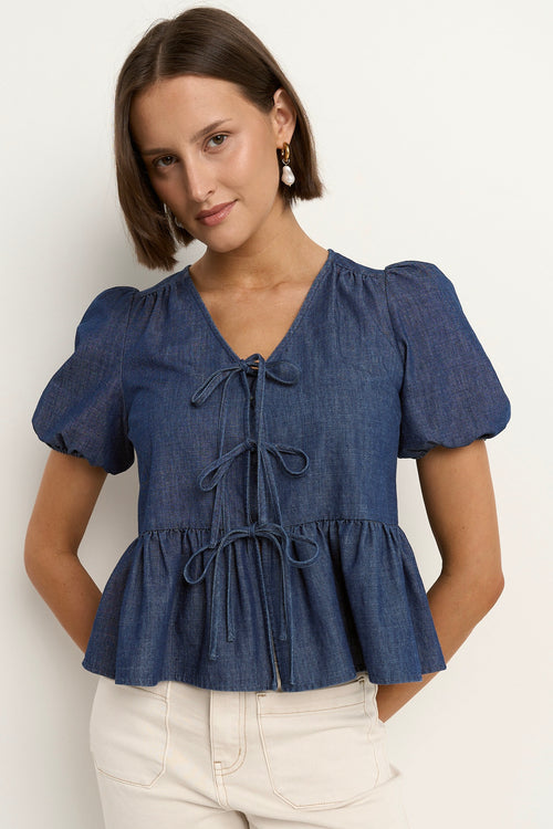 model wears a blue short sleeve blouse with ecru jeans