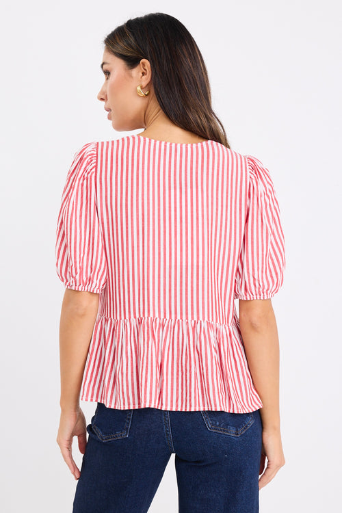 Model wears a red and white stripe short sleeve top with dark blue jeans
