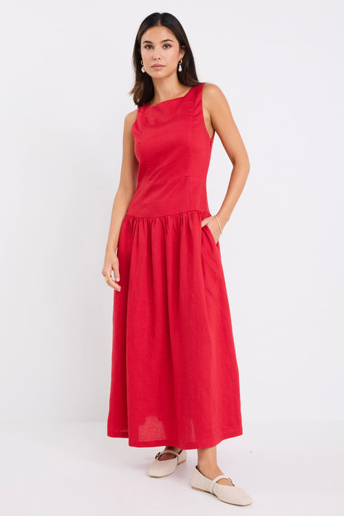 Shop Results Red Linen Blend Structured Sleeveless Maxi Dress | Flo & Shop Results Red Linen Blend Structured Sleeveless Maxi Dress | Flo &