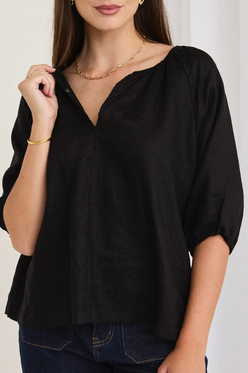 model wears a black linen shirt