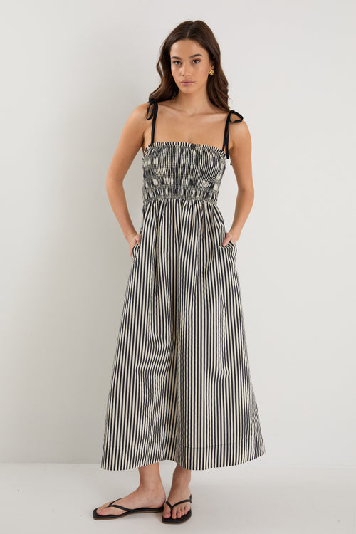 Shop Rhapsody Black Cream Stripe Strappy Shirred Bodice Maxi Dress | F Shop Rhapsody Black Cream Stripe Strappy Shirred Bodice Maxi Dress | F
