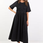 Ripple Black Shirred Bodice Short Sleeve Knit Midi Dress
