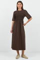 Ripple Chocolate Shirred Bodice Short Sleeve Knit Midi Dress