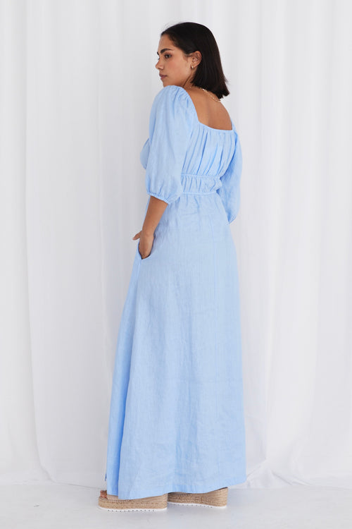 Roma Cornflower Blue Linen Ss Slim Fit Midi Dress WW Dress Stories be Told   