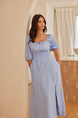 Roma Cornflower Blue Linen Ss Slim Fit Midi Dress WW Dress Stories be Told   