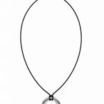 A minimalist black cord necklace featuring a double-ring pendant in polished silver-tone metal, displayed against a solid white background.