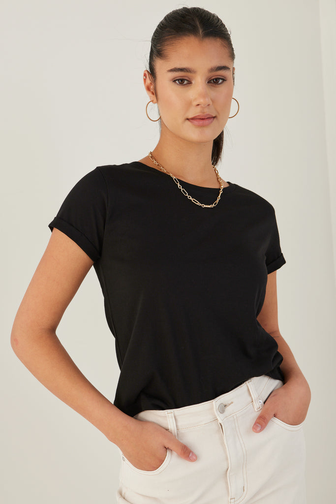 Shop Roxy Black Rolled Sleeve Crop Organic Tee Online | Flo & Fran