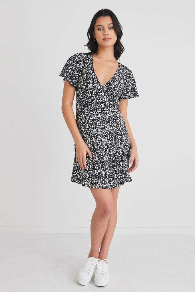 Shop Royals Black Ditsy Ss Wrap Mini Dress | Flo & Frankie