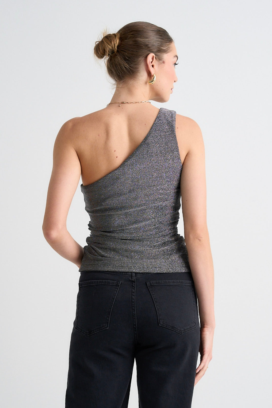【sheller】flare cuffs one shoulder shirt Shop Rush Silver Shimmer Stretch One Shoulder Top | Flo & Frankie
