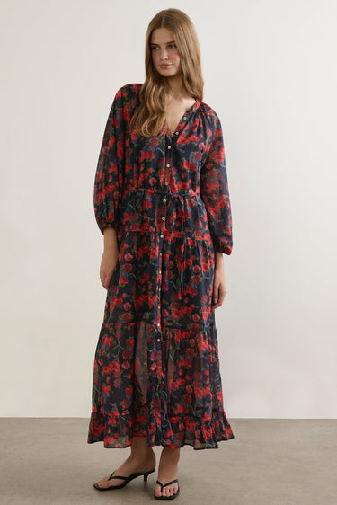 Hadley Navy Red Floral LS Maxi Dress
