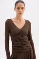 Gigi Walnut V Neck LS Mesh Top