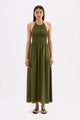 Mira Cypress Green Shirred Halter Maxi Dress