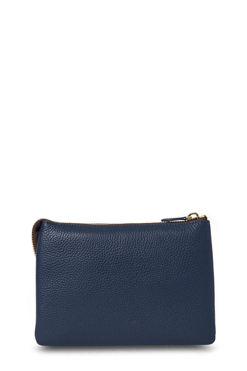 Navy blue leather pouch with gold zipper on a white background
