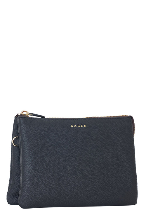 Navy blue clutch bag with 'SABEN' branding on a white background