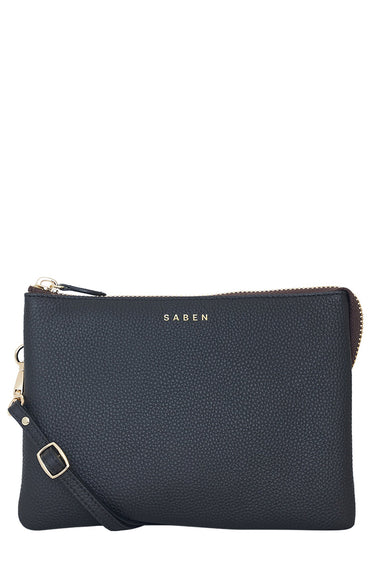 Black clutch bag with a strap on a white background