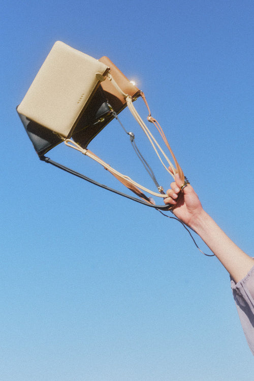 Hand holding a  bag against a clear blue sky