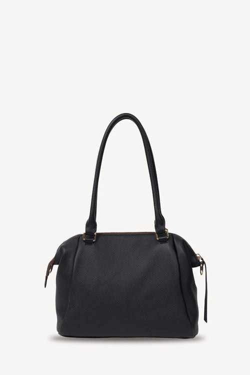 A black leather handbag with a structured dome shape, dual top handles, and gold-tone hardware, photographed against a clean off-white background.