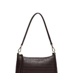 A dark brown crocodile-embossed leather shoulder bag with a matching leather strap and gold-tone hardware, shown against a plain off-white background.