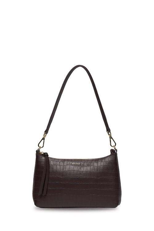 A dark brown crocodile-embossed leather shoulder bag with a matching leather strap and gold-tone hardware, shown against a plain off-white background.