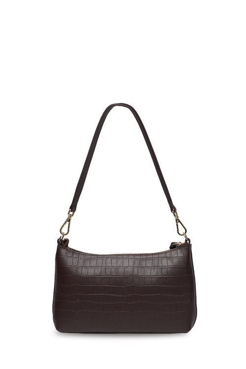 A dark brown crocodile-embossed leather shoulder bag with a single adjustable strap and gold-tone hardware, shown against a plain white background.