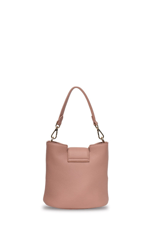 A dusty pink leather shoulder bag with a top handle and gold-tone hardware, shown against a plain white background.