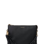 A black pebbled leather crossbody bag with a gold chain strap and gold hardware, featuring the brand name 'RABEN' in gold lettering on the front, set against a plain off-white background.