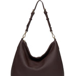 Brown handbag with a chain detail on a white background