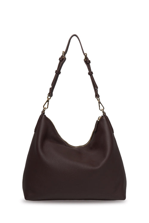 Brown handbag with a chain strap on a white background