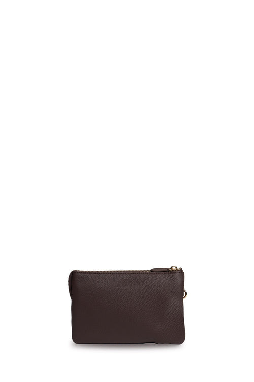 A dark brown textured leather zip pouch with a small gold zipper pull, shown against a plain white background.