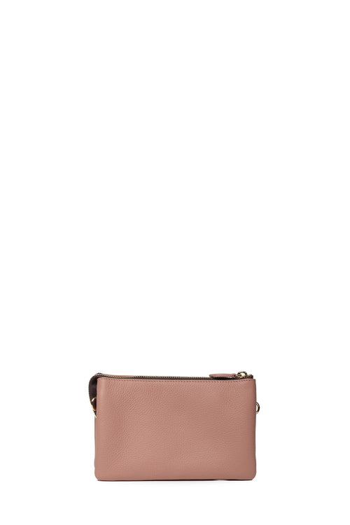 A dusty pink leather clutch bag with a top zipper closure and a small gold-tone metal accent, shown against a plain white background.