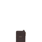 A dark brown leather card holder wallet with a top zipper and a small gold-tone metal ring, featuring the brand name 'BAZEN' in gold lettering on the front, set against a plain white background.