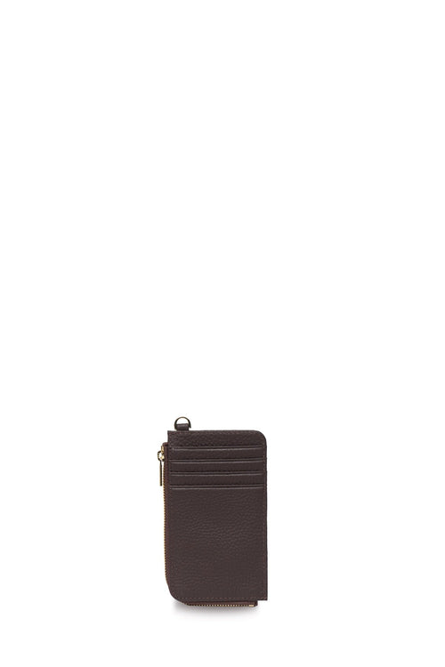 A dark brown leather card holder wallet with a top zipper and a small metal pull tab, shown on a plain white background.