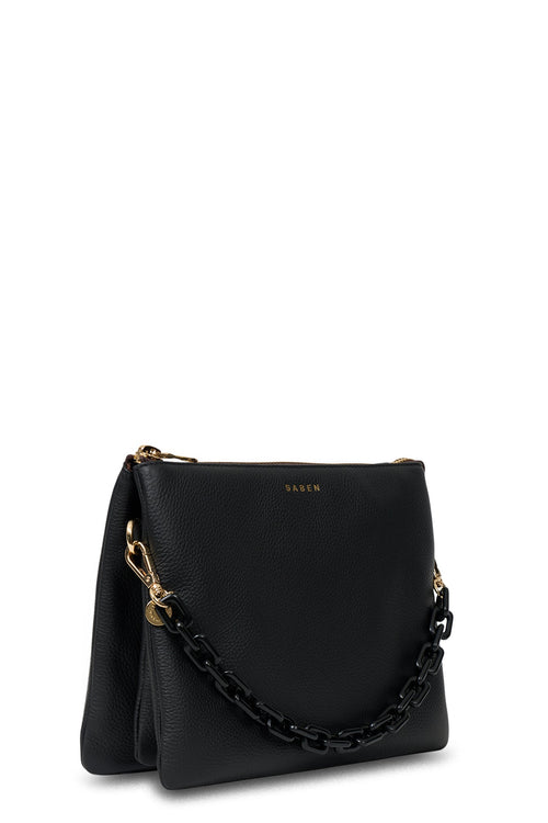 Black handbag with a chain detail on a white background