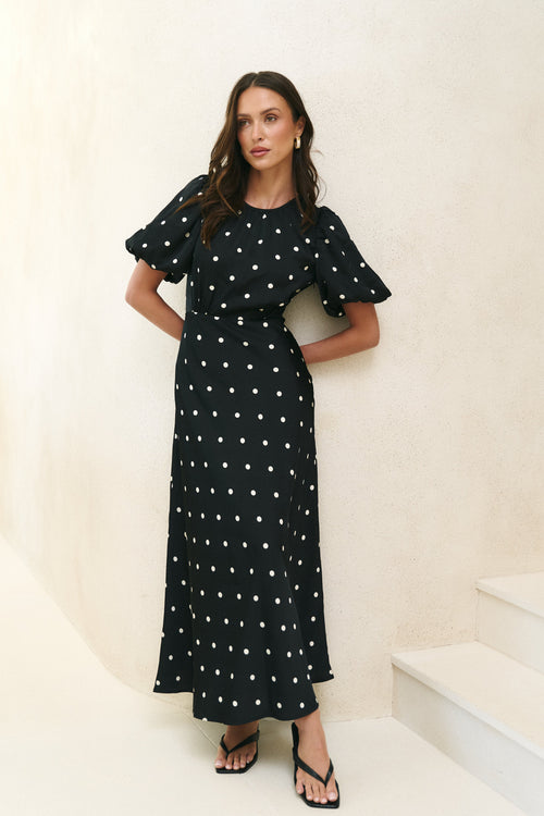 Shop Stage Black Polka Dot Puff Sleeve Floaty Maxi Dress | Flo & Frank Shop Stage Black Polka Dot Puff Sleeve Floaty Maxi Dress | Flo & Frank