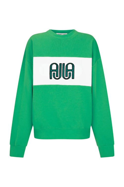 green and white sweater with text on front