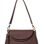 Brown handbag with a shoulder strap on a white background