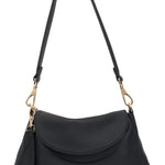 Black handbag with gold accents on a white background
