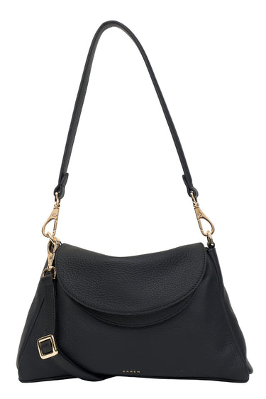 Black handbag with gold accents on a white background