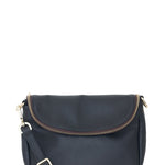 Navy blue handbag with gold accents on a white background